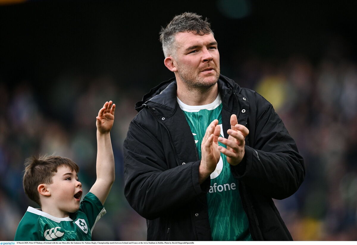 Peter O’Mahony of Ireland with his son Theo after his last game at the Aviva Stadium. Picture: David Fitzgerald/Sportsfile Peter O’Mahony of Ireland with his son Theo after his last game at the Aviva Stadium. Picture: David Fitzgerald/Sportsfile