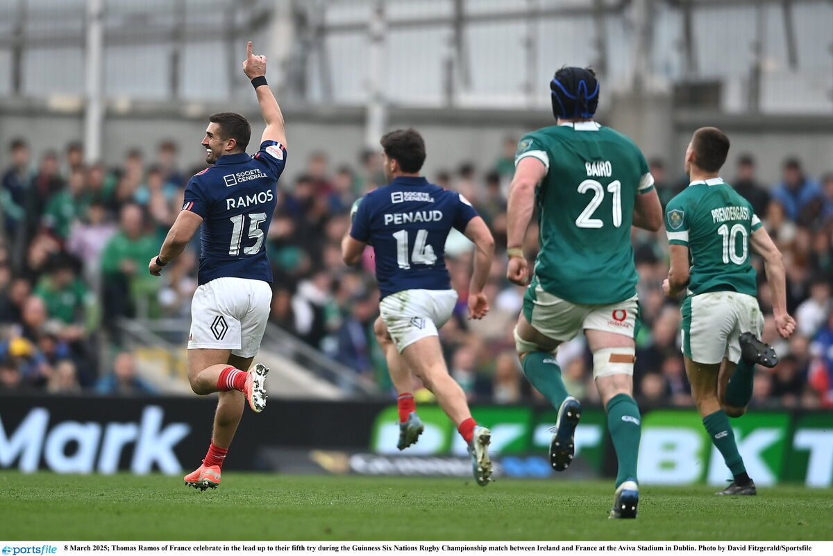 Thomas Ramos of France as France grabbed their fifth try. Picture: David Fitzgerald/Sportsfile Thomas Ramos of France as France grabbed their fifth try. Picture: David Fitzgerald/Sportsfile