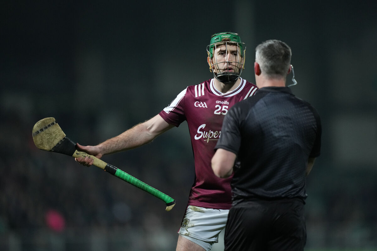 Brian Concannon of Galway and referee James Owens. Picture: INPHO/James Lawlor