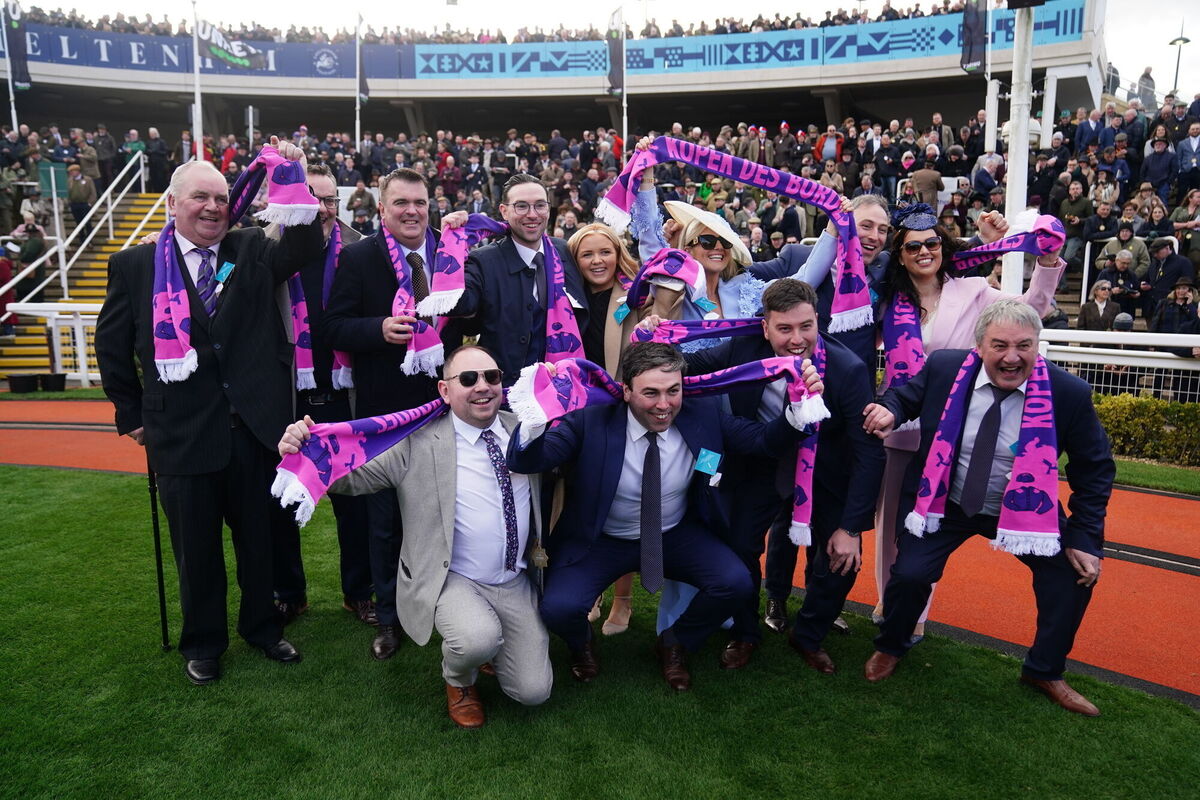 Winning owner Charlie McCarthy (far right) and connections after Kopek Des Bordes won the Michael O'Sullivan Supreme Novices' Hurdle on day one of the 2025 Cheltenham Festival at Cheltenham Racecourse. 
