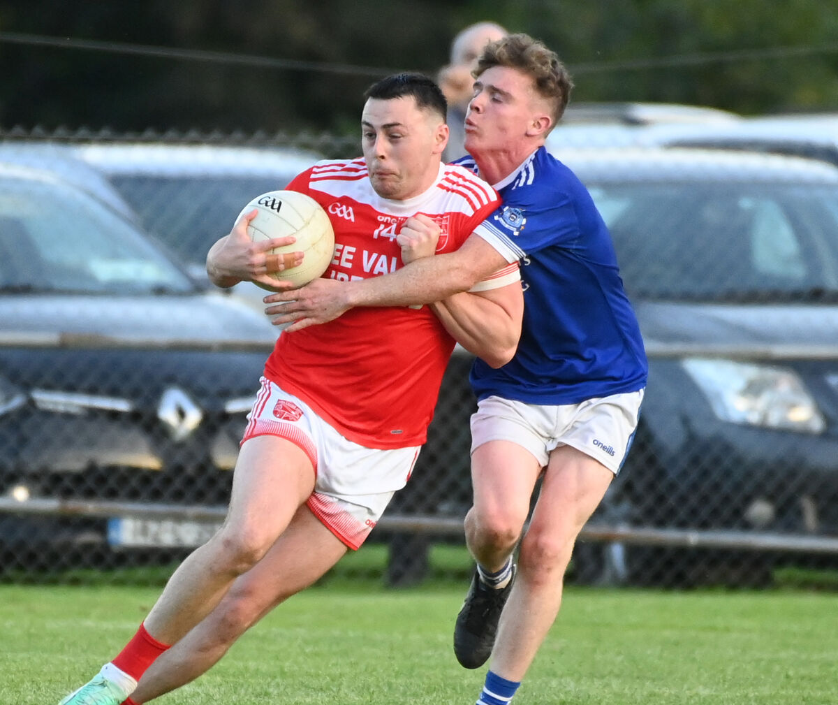 Cathal Vaughan of Uibh Laoire trying to get past Conchúr Ó Críodáin in the 2023 Premier IFC game at Carrigadrohid. Picture: Eddie O'Hare