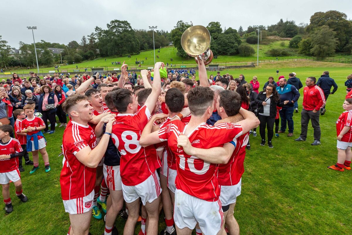Cathal Vaughan as captain lifts the cup after Uibh Laoire's win over Aghinagh in the 2019 Muskerry JAFC final at Macroom. Picture: John Delea