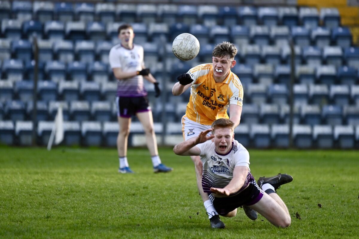  Frank Hurley of Skibbereen Community School and Jack Cullinane of Hamilton High School Bandon battle for the ball in the Simcox Cup final. Picture: Larry Cummins