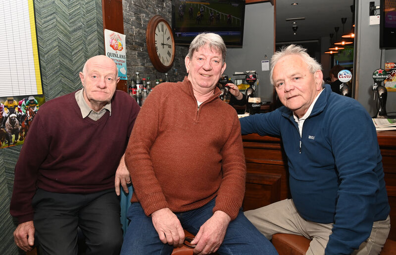  Charlie Saville, Paul O'Shea and Brendan McGinn enjoying the Cheltenham Racing Festival 2025 at Quinlan's Bar, Blackpool, Cork. Picture: Larry Cummins