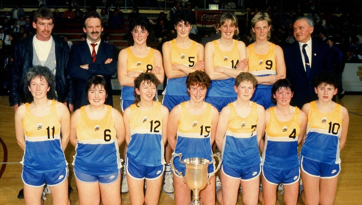 The Blarney Ladies Basketball team that won the I.C.S Building Society National Cup (first major trophy) in 1987. Back: William Stokes, coach Dommie Mullins, captain Miriam Forde, Annette Forde, Mary Sullivan, Beryl Piper, club chairman Jim O'Keeffe; front, Mary McGuire, Jess Hurley, Maeve O'Brien, Caroline Forde, Tracey Nagle, Sandie Fitzgibbon and Elaine Hurley. 