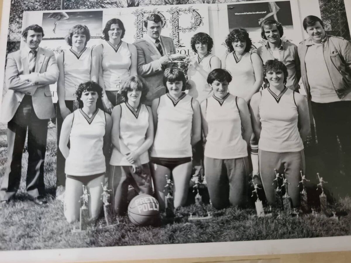  The Alpha Panda’s team that won the Pretty Polly Tournament. back row L to R: Mr Tom Rawley( RIP), Helen Mullins, Patsy Fitzgibbon, Sponsor, Sandie Fitzgibbon, Susan Courtney, Joe Ahern (Coach), Sponsor. Front row L to R: Mary Fitzgibbon, Marian Chute, Catherine Roche, Claire Twomey, Dolores Fitzgibbon.