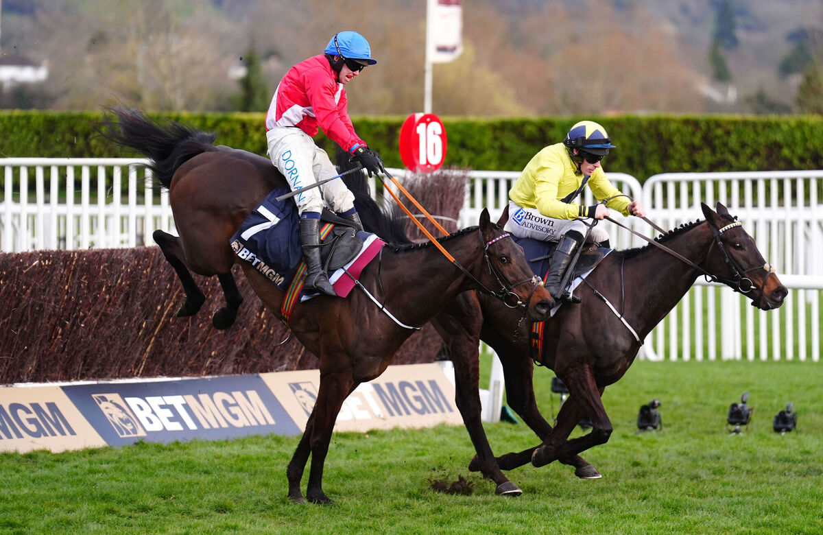 Marine Nationale ridden by Sean Flanagan (right) on their way to winning the BetMGM Queen Mother Champion Chase. Picture: Mike Egerton/PA Wire.