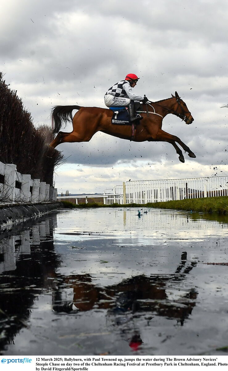 Ballyburn, with Paul Townend up, jumps the water during The Brown Advisory Novices’ Steeple Chase. Picture: David Fitzgerald/Sportsfile