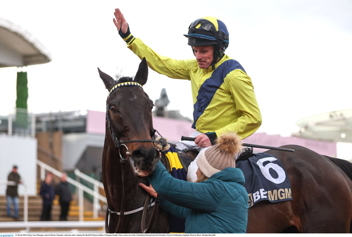 Jockey Sean Flanagan, aboard Marine Nationale, celebrates after winning The BetMGM Queen Mother Champion Steeple Chase. Picture: Harry Murphy/Sportsfile