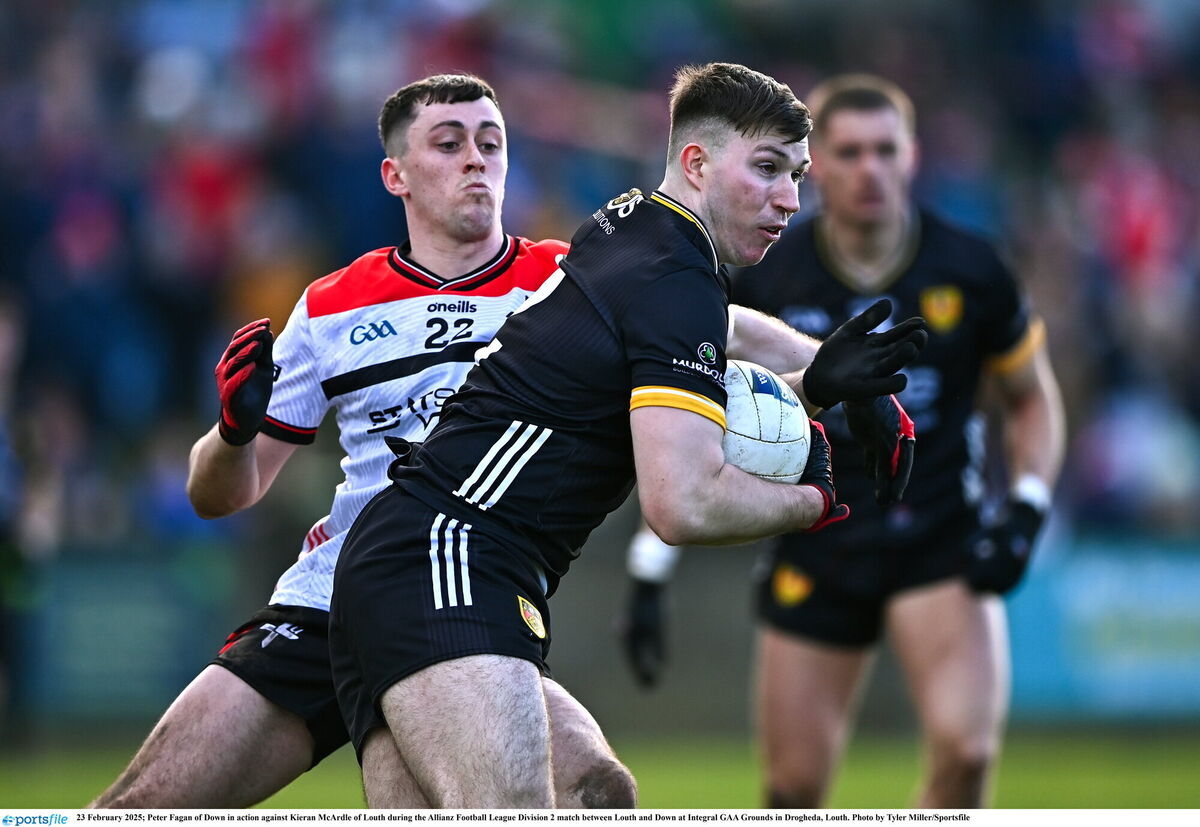 Peter Fagan of Down in action against Kieran McArdle of Louth during the Allianz Football League Division 2 match. Picture: Tyler Miller/Sportsfile Peter Fagan of Down in action against Kieran McArdle of Louth during the Allianz Football League Division 2 match. Picture: Tyler Miller/Sportsfile