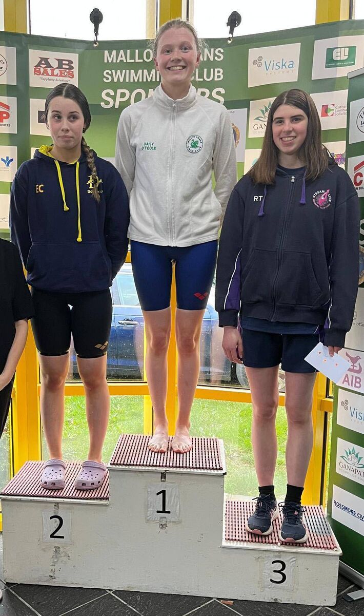 50m Butterfly Skins finalists; 2nd;Emma Crowley; Dolphin;1st Daisy O'Toole; Mallow and 3rd Rosaline Tuytten; Streamling at the Mallow Invitational Gala. Photo: Gemma Hickey MH 