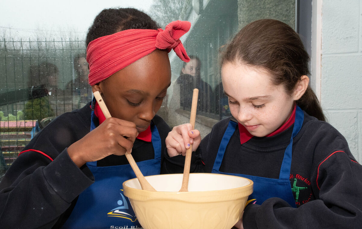 Ivana Ndegwa and Caoimhe Morey seen working in the new school kitchen in Scoil Bhride Midleton. Picture: Howard Crowdy