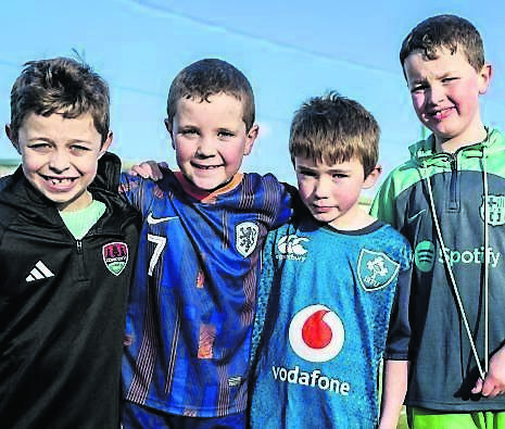 Tadhg Cronin, Jack Lordan, Danny O’Riordan and Luke Daly getting some fresh air, sun and exercise as they train with the under-8 soccer team in Passage West.	Picture: Chani Anderson
                    