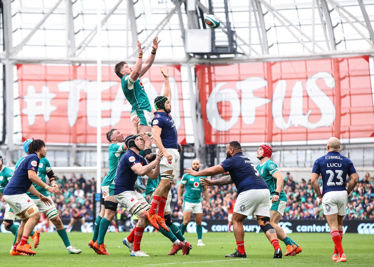 Ireland's Joe McCarthy and France's Francois Cros in a line-out. Picture: INPHO/Ben Brady Ireland's Joe McCarthy and France's Francois Cros in a line-out. Picture: INPHO/Ben Brady
