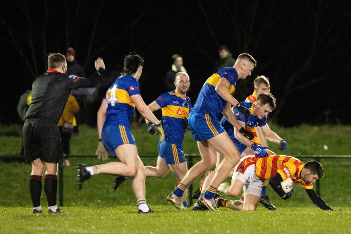 Carrigaline and Newcestown battle for the all during the SFL clash. Picture: Chani Anderson.