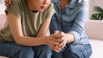 Middle aged asia people old mom holding hands trust comfort help young woman talk crying stress relief at home. Mum as friend lo