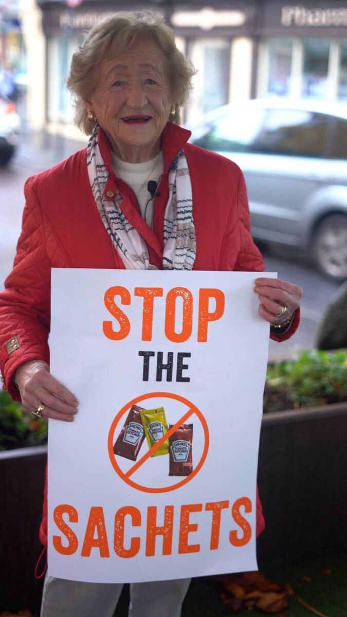 Noreen Moynihan highlighting the Stop the Sachets campaign. Noreen Moynihan highlighting the Stop the Sachets campaign.