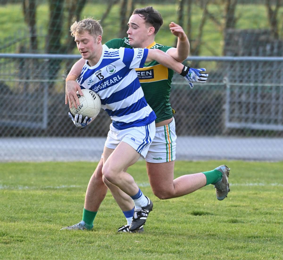 Castlehaven's Kevin O'Donovan is tackled by St Michael's Billy Cain. Picture: Eddie O'Hare