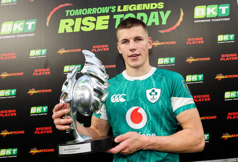 Sam Prendergast is presented with the Young Player of the Tournament award. Picture: INPHO/Billy Stickland Sam Prendergast is presented with the Young Player of the Tournament award. Picture: INPHO/Billy Stickland
