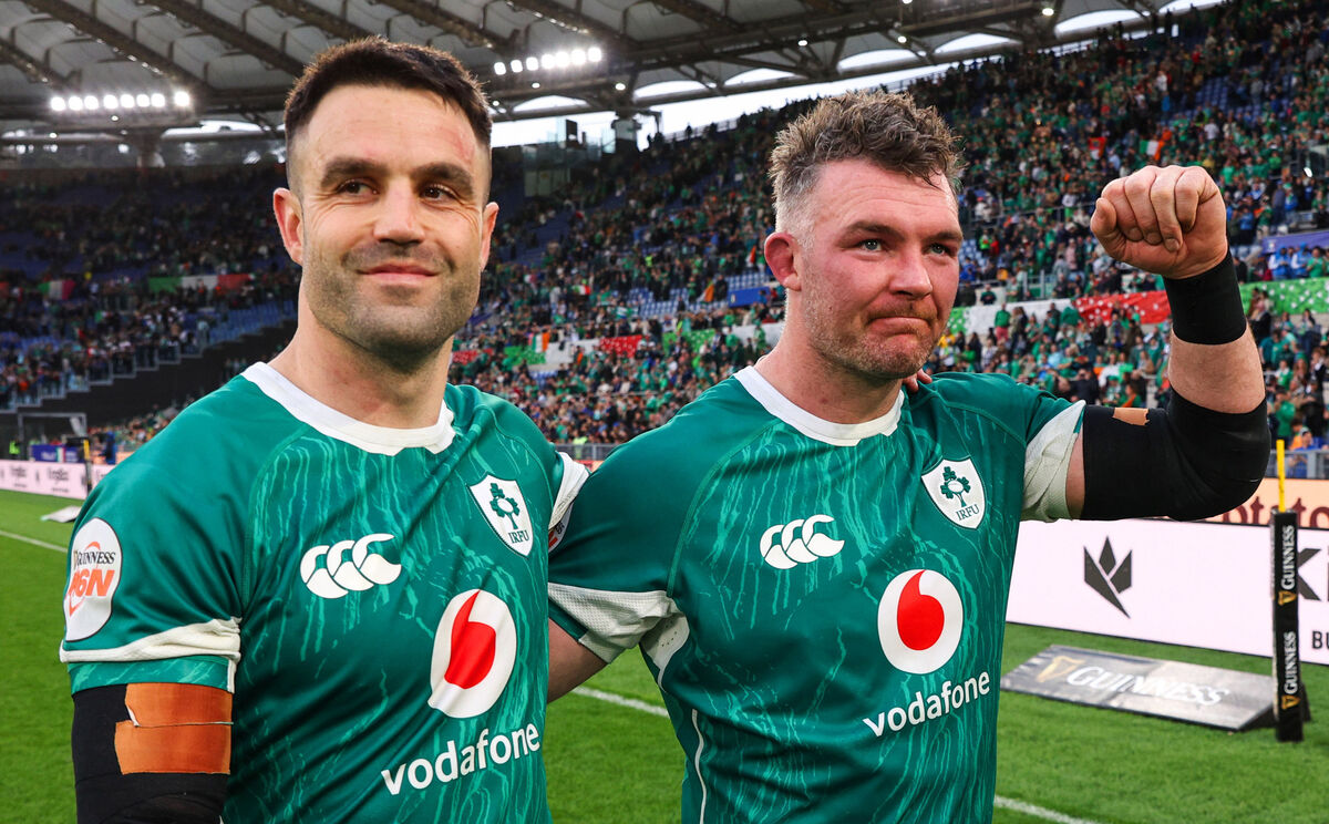 Ireland’s Conor Murray and Peter O’Mahony celebrate after their final Six Nations game. Picture: INPHO/Billy Stickland