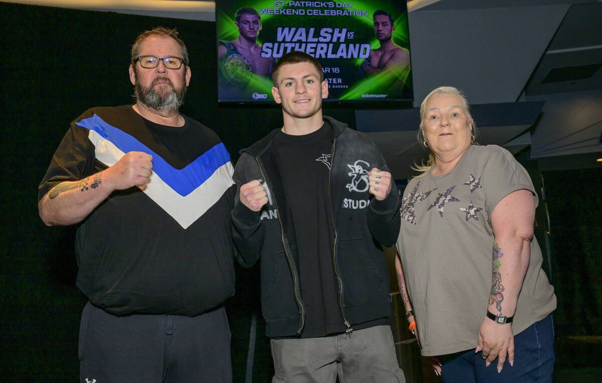 Callum Walsh with former coach Brian Barry of Riverstown BC and his wife Ann at the press conference at Madison Square Gardens, New York ahead of the Hollywood Fight Nights WBC Continental Americas super welterweight fight against Dean Sutherland of Scotland. Picture: Doug Minihane