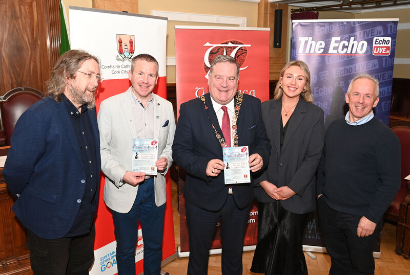 Sean O’Laoi, Adrian Breathnach, Lord Mayor Cllr Dan Boyle; Hannah NicCarthaigh, Gael Taca, and Chris Dorgan, Cork City Council, at the relaunch of Gradaim Uí Chuanacháin for 2025. Sean O’Laoi, Adrian Breathnach, Lord Mayor Cllr Dan Boyle; Hannah NicCarthaigh, Gael Taca, and Chris Dorgan, Cork City Council, at the relaunch of Gradaim Uí Chuanacháin for 2025.