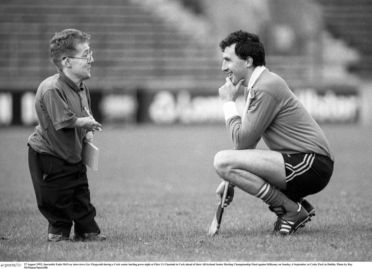 27 August 1992; Journalist Enda McEvoy interviews Ger Fitzgerald during a Cork senior hurling press night at Páirc Uí Chaoimh in Cork ahead of their All-Ireland Senior Hurling Championship Final against Kilkenny. 27 August 1992; Journalist Enda McEvoy interviews Ger Fitzgerald during a Cork senior hurling press night at Páirc Uí Chaoimh in Cork ahead of their All-Ireland Senior Hurling Championship Final against Kilkenny.