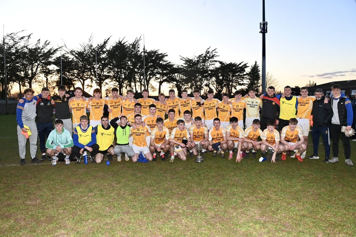 Oisín Gillain, middle row, first on the left, celebrating after Hamilton High School Bandon won the Simcox Cup last week. Picture: Larry Cummins Oisín Gillain, middle row, first on the left, celebrating after Hamilton High School Bandon won the Simcox Cup last week. Picture: Larry Cummins