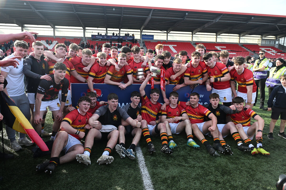  CBC Captain Charlie O'Shea and his team celebrate after their victory over PBC in the Pinergy Boys Schools U19 Munster Senior Cup final at Virgin Media Park, Cork. Picture Dan Linehan