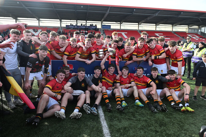  CBC Captain Charlie O'Shea and his team celebrate after their victory over PBC in the Pinergy Boys Schools U19 Munster Senior Cup final at Virgin Media Park, Cork. Picture Dan Linehan