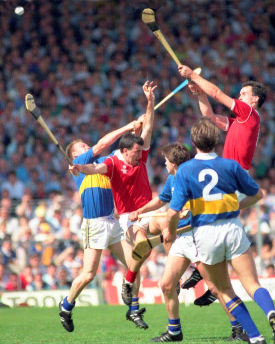 Cork's Mark Foley scores a goal on the stroke of half-time in the 1990 Munster final.