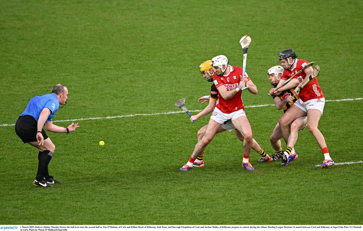 Cork's powerful midfield pairing of Tim O'Mahony and Darragh Fitzgibbon contest the throw-in against Kilkenny. Picture: Piaras Ó Mídheach/Sportsfile
