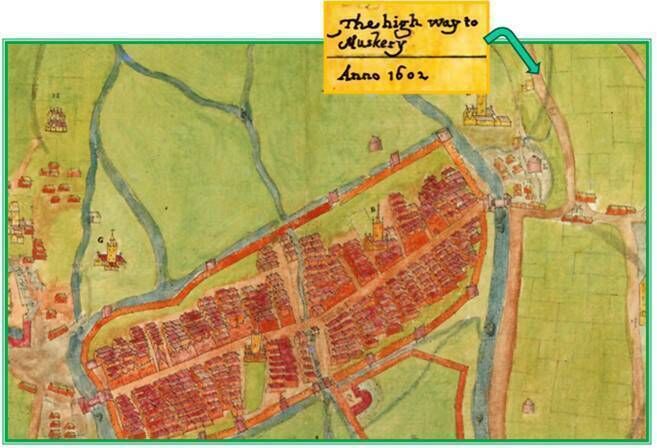“The Highway to Muskerry” - Hardiman’s Map of Cork, 1602. Other highways depicted on this map lead to “ Youghall, Malo, Kinsale, the passage and the black rock and Goggins towne”