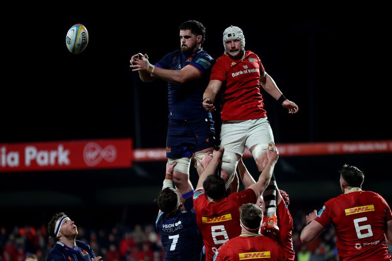 Edinburgh's Marshall Sykes and Fineen Wycherley of Munster rise higtest. Picture: INPHO/Bryan Keane