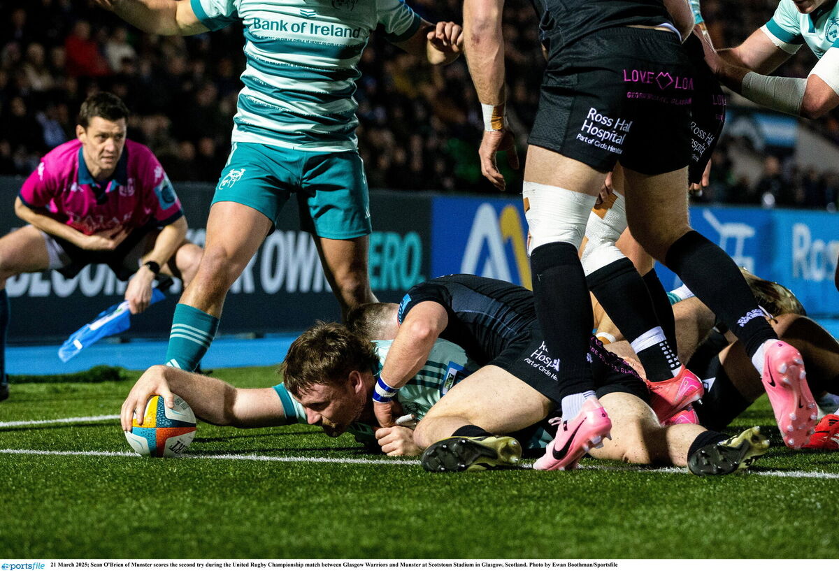Sean O'Brien of Munster scores the second try against Glasgow Warriors at Scotstoun Stadium. Picture: Ewan Boothman/Sportsfile Sean O'Brien of Munster scores the second try against Glasgow Warriors at Scotstoun Stadium. Picture: Ewan Boothman/Sportsfile