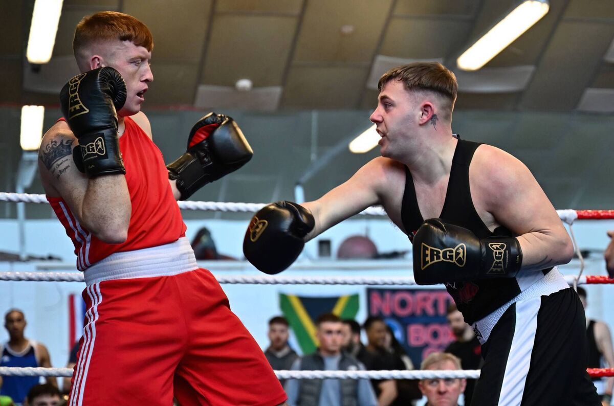 Golden Gloves Senior Boxing Tournament - Kelvin Greaney of Northside BC and Jamie Holland, DeCoucey BC in action during the Golden Gloves / Cork County Boxing Board Senior tournament on Sunday March 23rd at Northside Boxing Club, Blackpool. Picture: Doug Minihane Golden Gloves Senior Boxing Tournament - Kelvin Greaney of Northside BC and Jamie Holland, DeCoucey BC in action during the Golden Gloves / Cork County Boxing Board Senior tournament on Sunday March 23rd at Northside Boxing Club, Blackpool. Picture: Doug Minihane