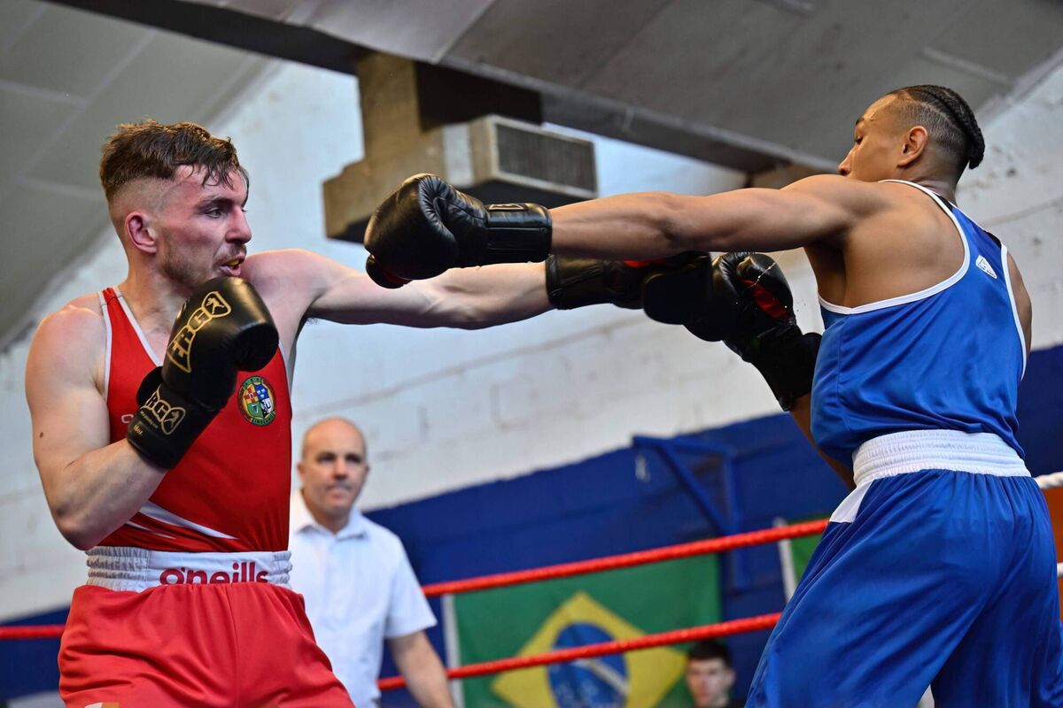 George Goff of Northside BC and Brian Johnson of Muskerry BC in action during the Golden Gloves / Cork County Boxing Board Senior tournament on Sunday March 23rd at Northside Boxing Club, Blackpool. Picture: Doug Minihane