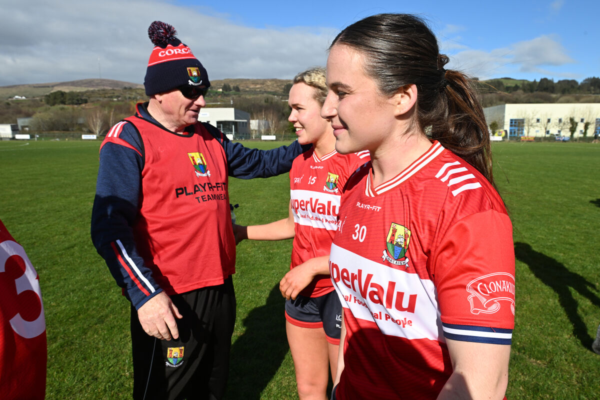 Cork Bainisteoir Joe Carroll with Katie Quirke and Clare O'Shea after their match with Clare in the Lidl LGFA National League Division 2 at Ballyvourney, Co Cork. Picture Dan Linehan Cork Bainisteoir Joe Carroll with Katie Quirke and Clare O'Shea after their match with Clare in the Lidl LGFA National League Division 2 at Ballyvourney, Co Cork. Picture Dan Linehan
