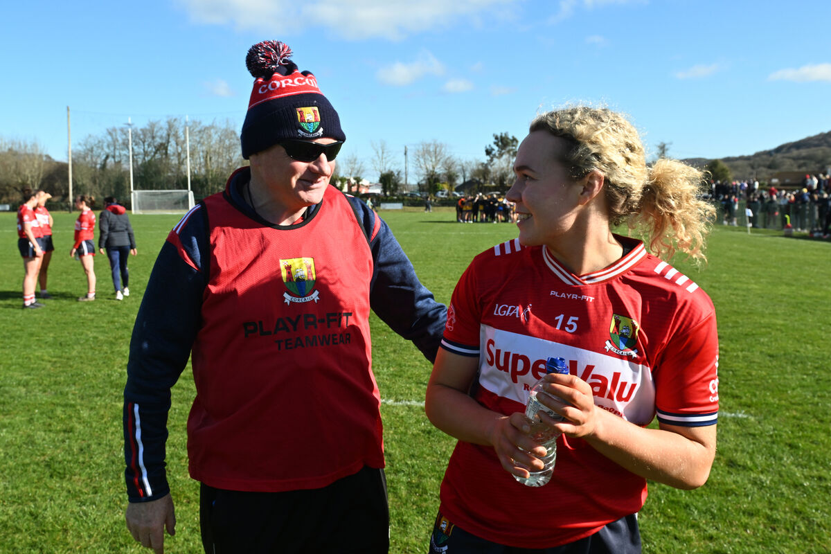Cork Bainisteoir Joe Carroll with Katie Quirke after their match with Clare in the Lidl LGFA National League Division 2 at Ballyvourney, Co Cork. Picture Dan Linehan Cork Bainisteoir Joe Carroll with Katie Quirke after their match with Clare in the Lidl LGFA National League Division 2 at Ballyvourney, Co Cork. Picture Dan Linehan