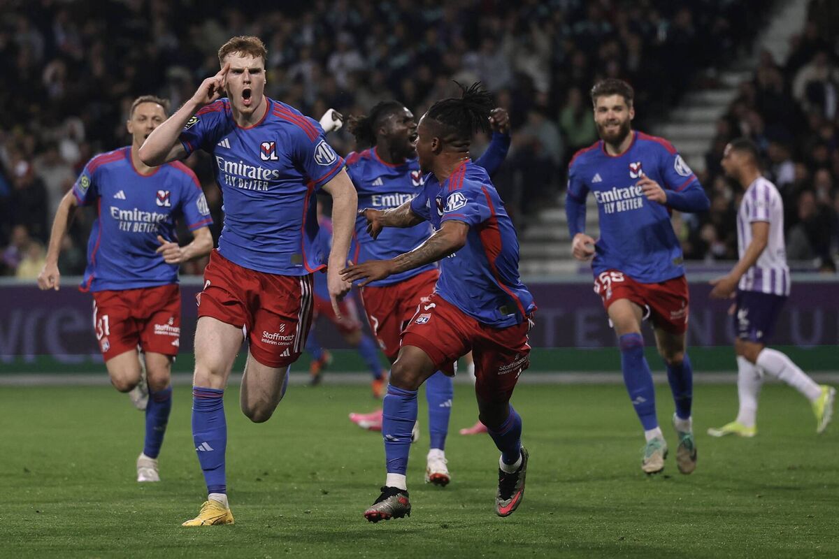 Lyon's Irish defender Jake O'Brien celebrates after scoring against Toulouse.