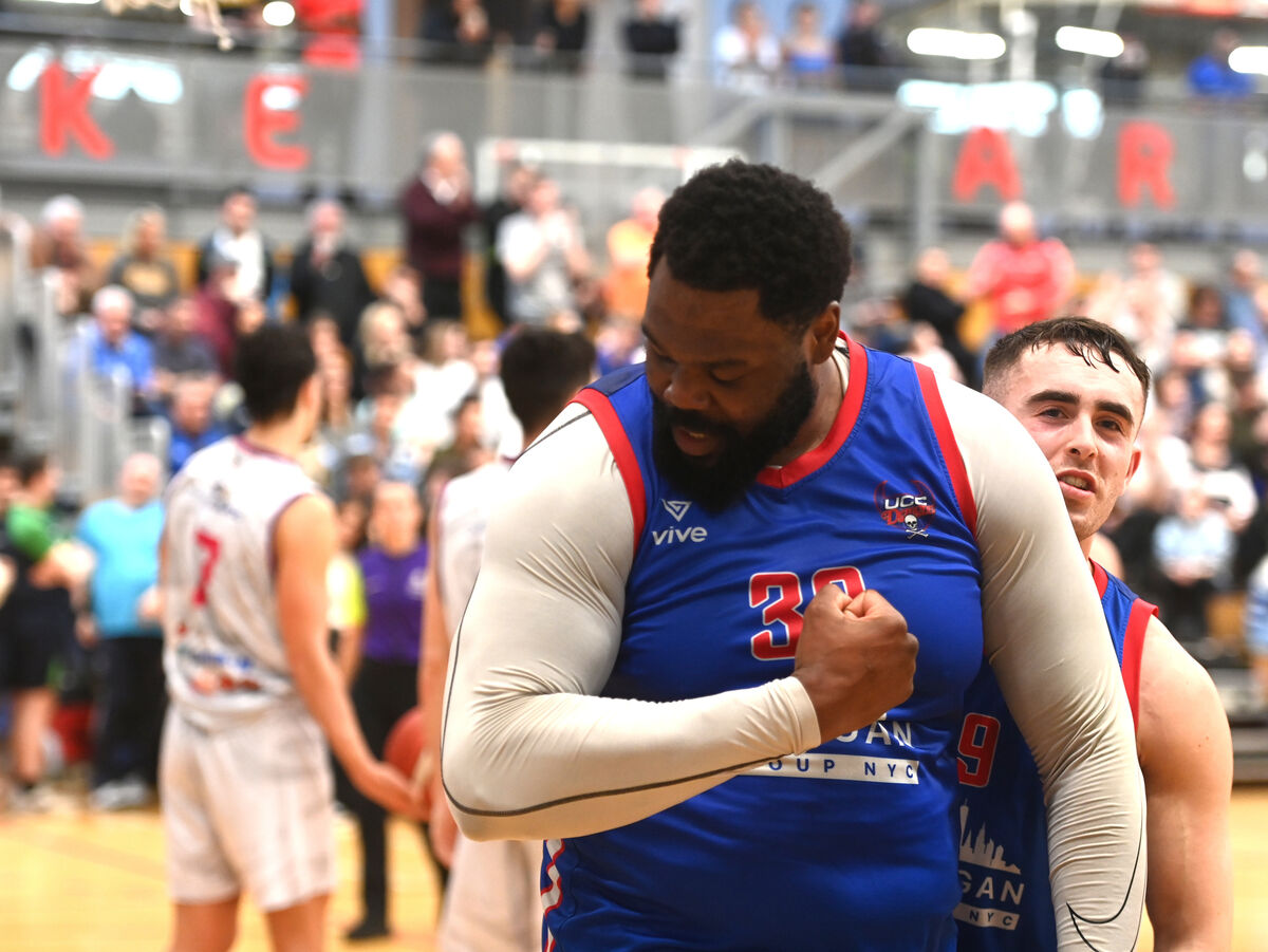  The BIG Guns.... Elijah Tillman celebrates a score for UCC Demons; UCC Demons vs Energywise Ireland Neptune in the Domino’s Pizza Men’s Superleague quarter final at Mardyke Arena, UCC, Cork. Pic Larry Cummins