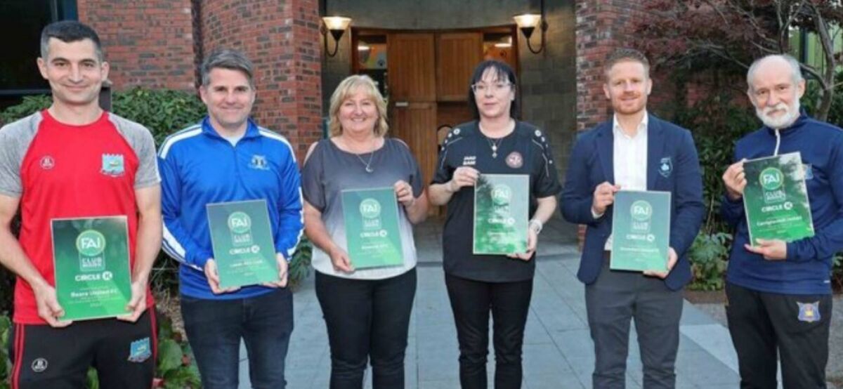 Kieran O’Sullivan, Beara United FC, Colin Yelverton, Leeds AFC, Eileen Higgins, Kanturk AFC, Sam Doherty, Clonakilty AFC, Joe Plunkett, Avondale United, and Fred Adam, Carrigtwohill United, with their FAI Club Mark awards. Kieran O’Sullivan, Beara United FC, Colin Yelverton, Leeds AFC, Eileen Higgins, Kanturk AFC, Sam Doherty, Clonakilty AFC, Joe Plunkett, Avondale United, and Fred Adam, Carrigtwohill United, with their FAI Club Mark awards.