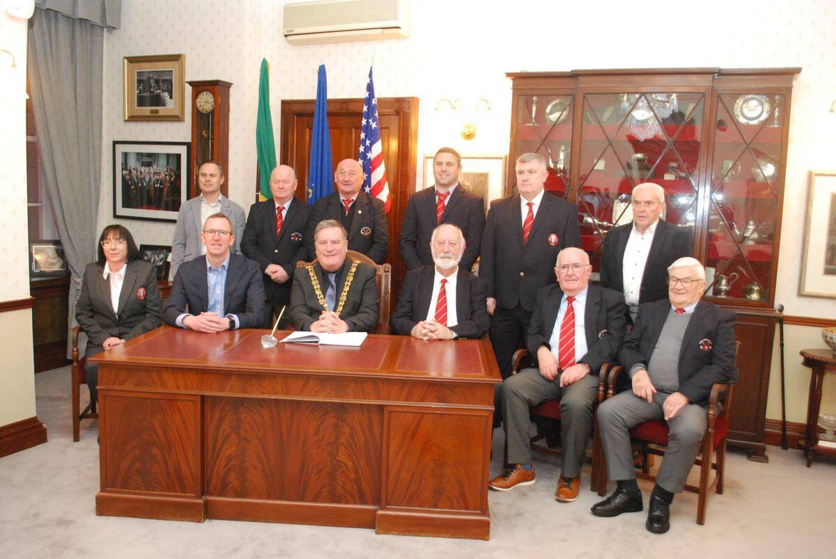 Sam Doherty, seated on the left, with the Cork Youth League committee at a reception with the Cork Lord Mayor Cllr Dan Boyle to celebrate their 50th Anniversary. Sam Doherty, seated on the left, with the Cork Youth League committee at a reception with the Cork Lord Mayor Cllr Dan Boyle to celebrate their 50th Anniversary.