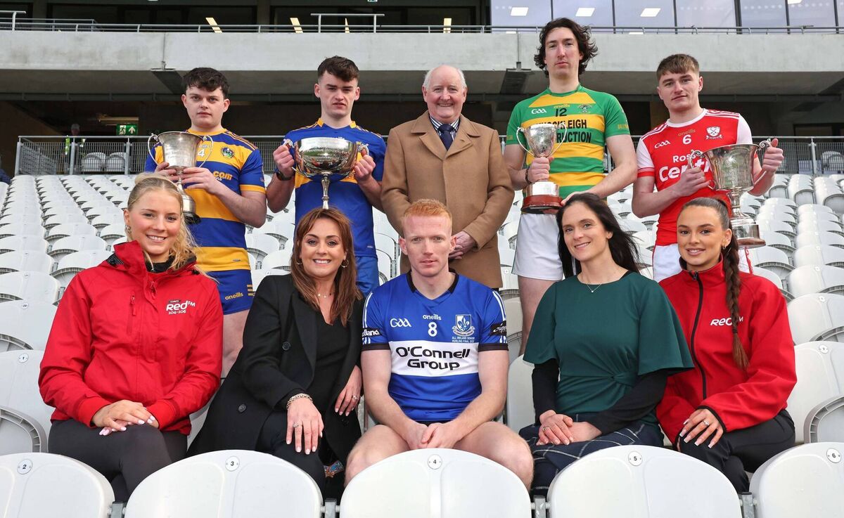 Pictured at the launch of the 2025 Red FM Hurling Leagues are, (front row) Sheena Buckley, Red FM Red Patroller, Grainne Murnane, Sales Director Red FM, Cian Darcy, Sarsfields 2024 Division 1 winners, Sinead O'Keeffe, Commercial Director Cork GAA &amp; SuperValu Páirc Uí Chaoimh, Aimee Wills, Red FM Red Patroller, (back row) Pat Horgan, Chairperson Cork Gaa with 2024 League winners, Liam O'Shea, Lisgould Division 4, Rhys McCarthy, Carrigaline Division 2, Paul Geary, Ballymartle Division 3 and Sean Desmond, Watergrasshill Division 5. Picture: Jim Coughlan. 