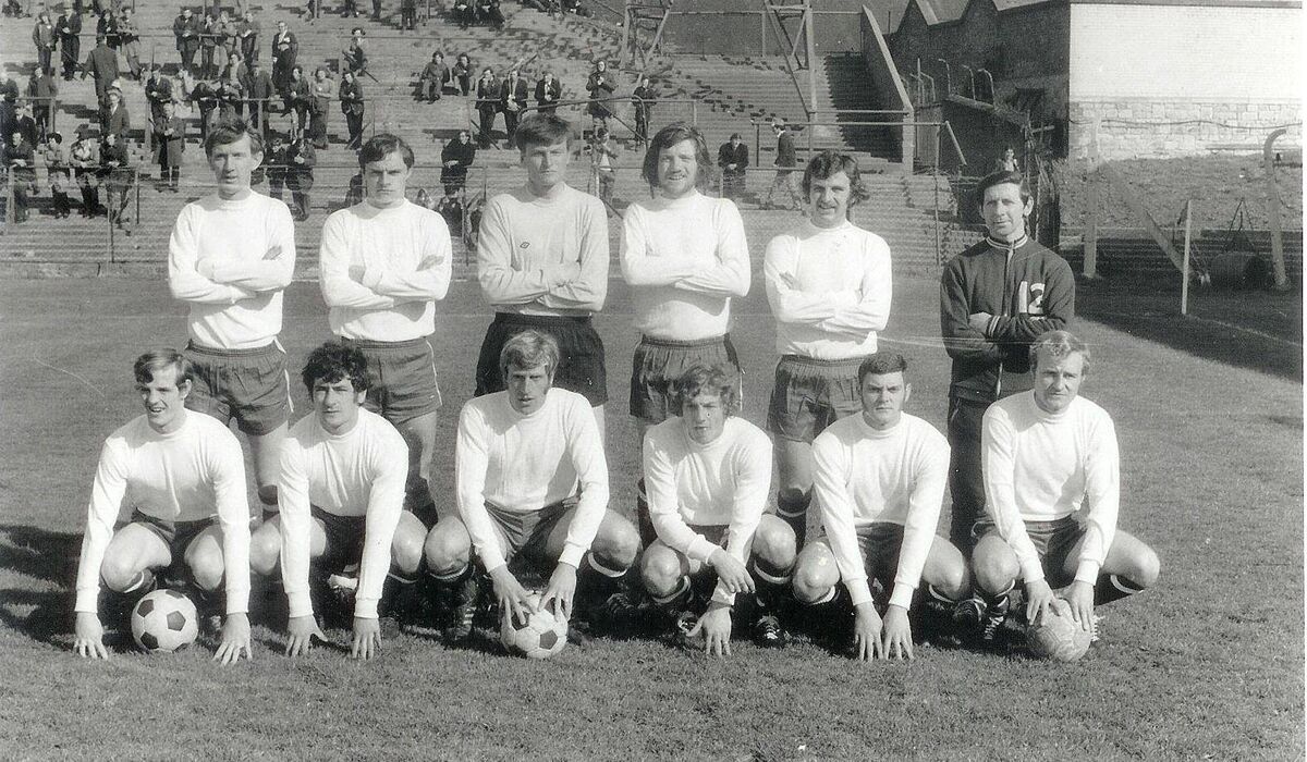 Cork Hibs League Champions 1971. Back: Noel O'Mahony, Tony Marsden, Joe O'Grady, Martin Sheehan, John Lawson, Donie Wallace. Front: Miah Dennehy, John Herrick, Dave Bacuzzi, Dave Wigginton, Jerry Finnegan, Sonny Sweeney. PC Cork Hibs League Champions 1971. Back: Noel O'Mahony, Tony Marsden, Joe O'Grady, Martin Sheehan, John Lawson, Donie Wallace. Front: Miah Dennehy, John Herrick, Dave Bacuzzi, Dave Wigginton, Jerry Finnegan, Sonny Sweeney. PC