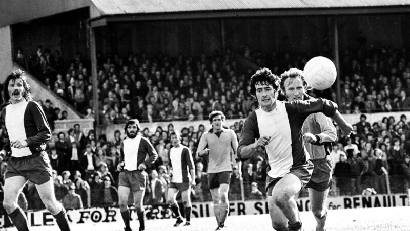 Cork Hibernians v. Cork Celtic in the F.A.I. League Cup at Flower Lodge, Cork. Included are John Herrick (2nd. from right), Alfie Hale (on right, behind Herrick), Ben Hannigan (3rd. from right) and Martin 'Fada' Sheehan (on left)