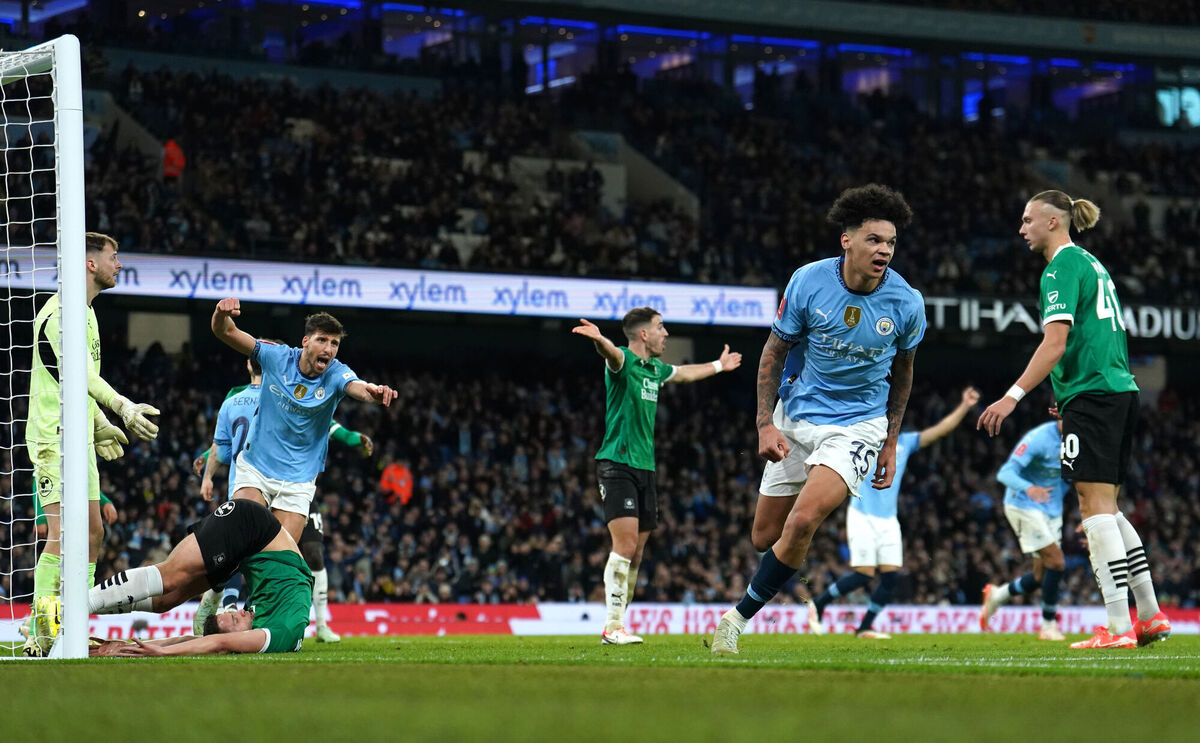 Manchester City's Nico O'Reilly (second right) celebrates scoring their side's second goal of the game against Plymouth during the Emirates FA Cup fifth round match at Etihad Stadium, Manchester. Picture: Martin Rickett/PA Wire. Manchester City's Nico O'Reilly (second right) celebrates scoring their side's second goal of the game against Plymouth during the Emirates FA Cup fifth round match at Etihad Stadium, Manchester. Picture: Martin Rickett/PA Wire.