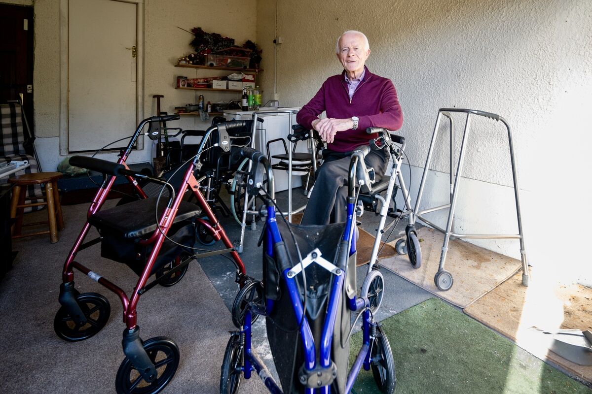 Paddy O’Brien’s garage in Dillon’s Cross overflows with perfectly usable healthcare equipment. Picture: Chani Anderson.