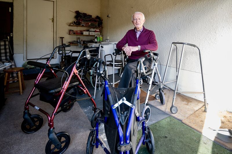 Paddy O’Brien’s garage in Dillon’s Cross overflows with perfectly usable healthcare equipment. Picture: Chani Anderson.
