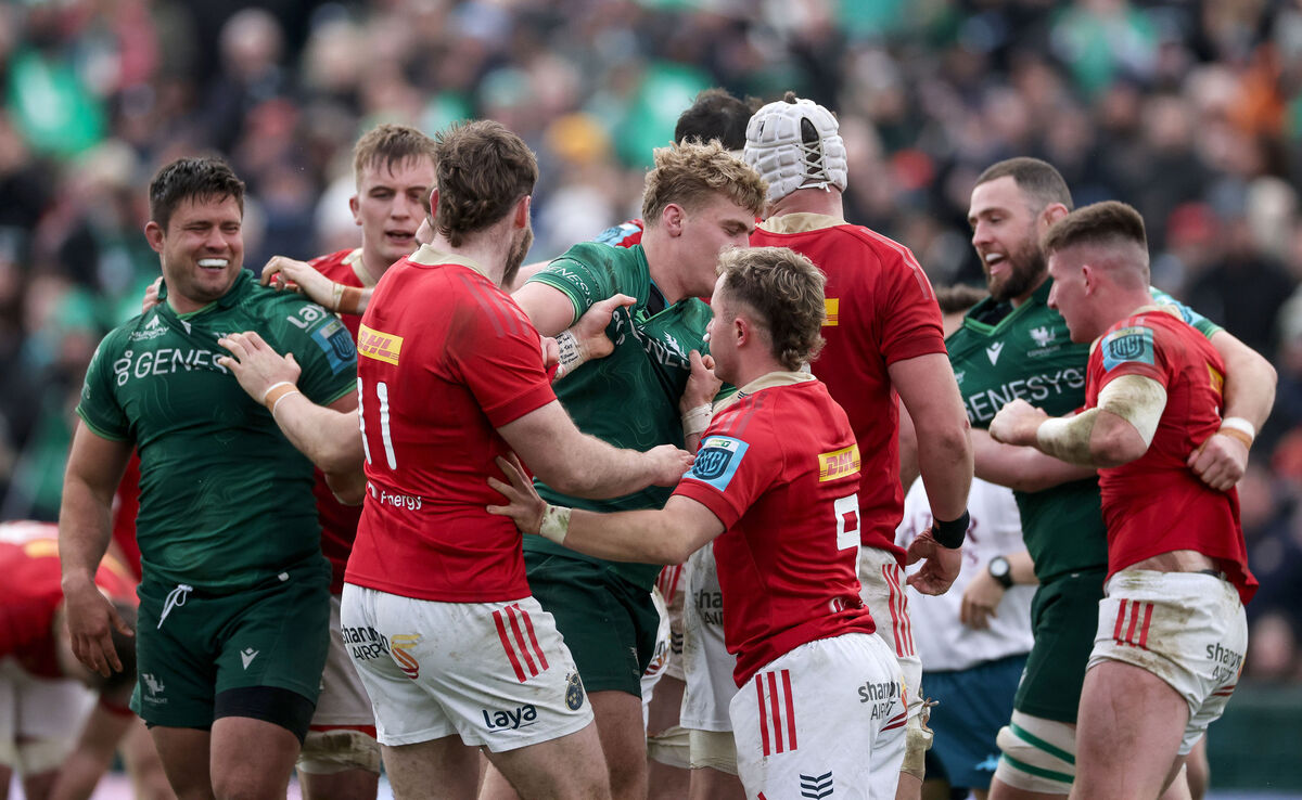 Munster’s Sean O’Brien and Craig Casey clash with Hugh Gavin of Connacht. Picture: INPHO/James Crombie